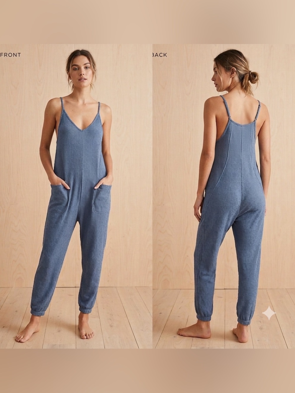 Blue Ribbed Spaghetti-Strap Jumpsuit